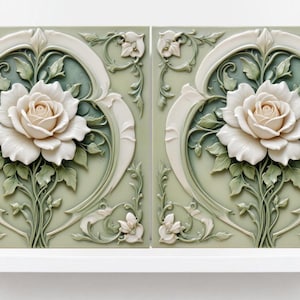 Art Nouveau Tile Rose Flower Ceramic Tiles - Set of 2 Green Art Nouveau Tiles Wall Decor -Kitchen Backsplash Tiles,Bathroom, Shower Wall Art