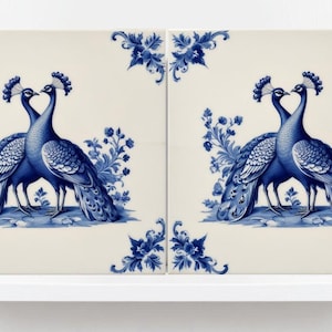 Delft Blue Tile Animal-Bird Tile-Set of 2 Ceramic Delft Corner Tiles-Delft Prints-Peacock Tiles-Kitchen Backsplash,Sink,Bathroom,Shower Wall