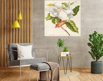 Mural de azulejos Magnolia: Panel de mosaico floral vintage, arte botánico para pared