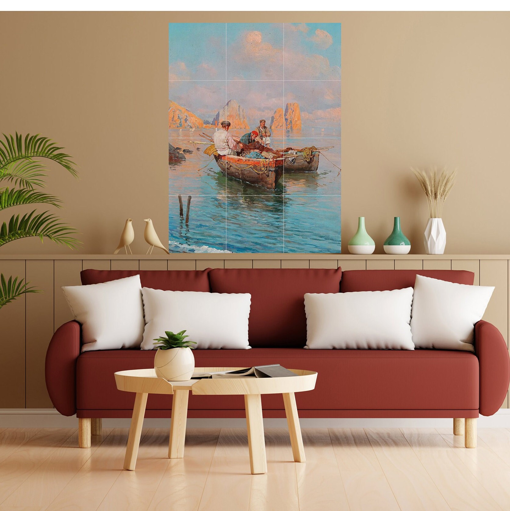 Capri Fishermen Tile Mural Italian Coastal Painting, Gloss Ceramic
