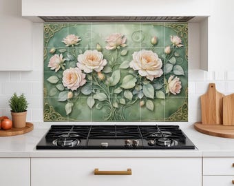 Art Nouveau Rose Tile Mural, Sage Green Botanical Floral Wall Art