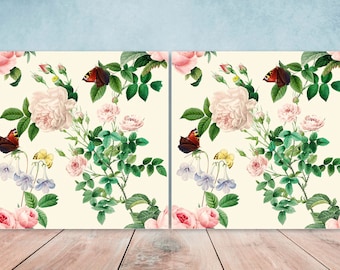 Floral Roses Tiles Flowers Design - Set of 2 Black and Flower Wall Decor Flower Tiles - Kitchen Backsplash Tiles,Table Decorative Tiles,Bath