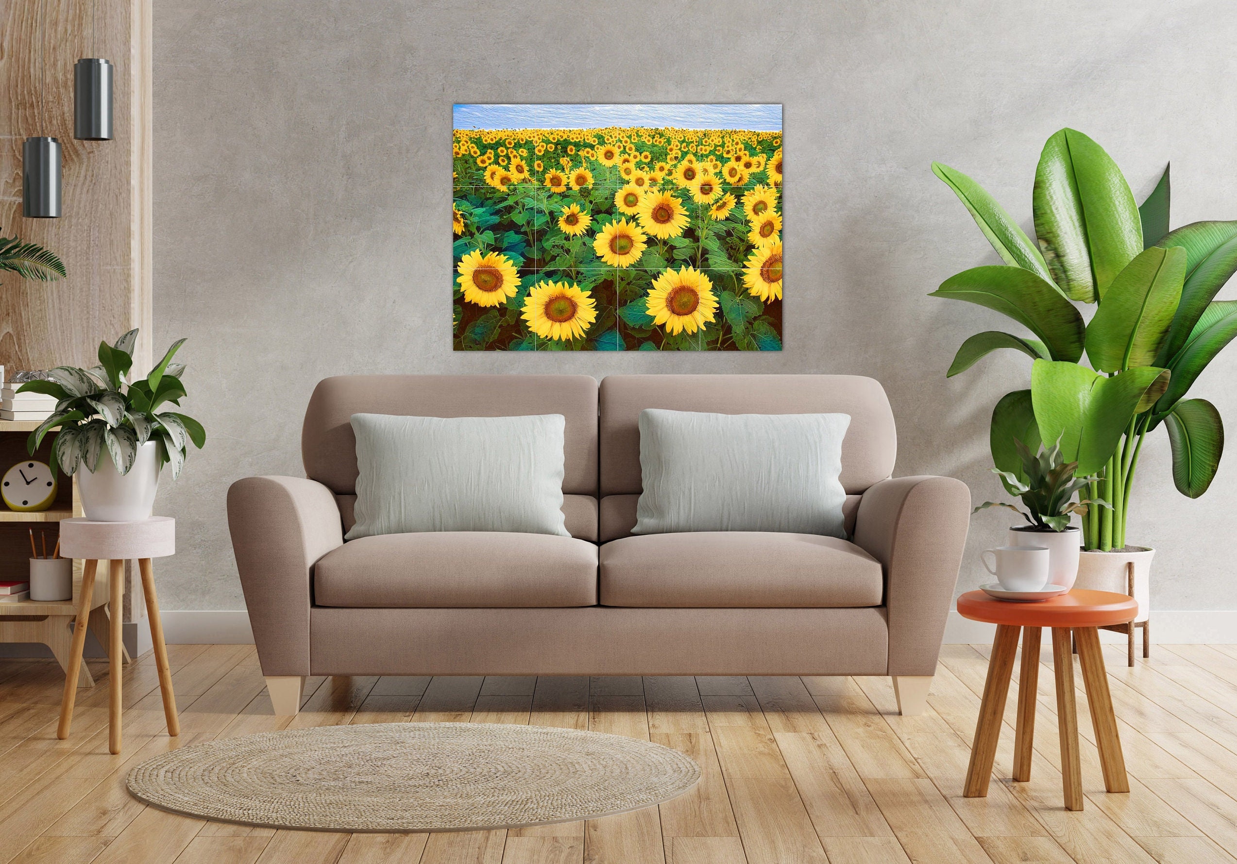 ひまわり畑のタイル壁画：光沢のあるセラミックモザイクパネル - Etsy 日本