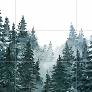 Tile Mural/Mosaic Ceramic Panel of a Watercolour Forest Mural - Wall Nature Art - Misty Woodland Wall Mural - Gloss Tiles -Tile Mosaic