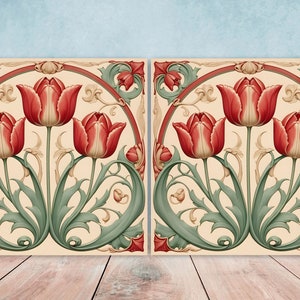May include: Two square ceramic tiles with a cream background and a red, green, and cream floral design. The design features three red tulips with green leaves and stems. The tiles are framed with a red and cream border.