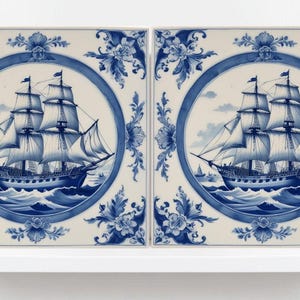 Delft Blue Ceramic Tile - Set of 2 Ceramic Delftware Tiles-Delft Tile with Ship - Delft Prints- Kitchen Backsplash,Sink,Bathroom,Shower Wall