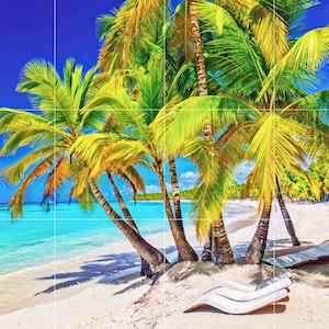 Tile Mural/Mosaic Ceramic Panel of Palm Trees - Sea Mural - Ocean Waves Wall Print- Tropical Tile Mural Art - Home Decor - Beach Tile Mosaic