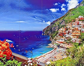 Tile Mural/Mosaic Ceramic Panel of Positano - Positiano wall print Positano wall art - Tile Mural - Italian Mosaic -Gloss Tiles -Tile Mosaic