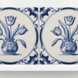 Delft Tulip Tile - Delft Blue Tile - Set of 2 Ceramic Delftware Tiles- Flower Tiles - Delft Prints Wall - Kitchen Backsplash, Sink,Bathroom