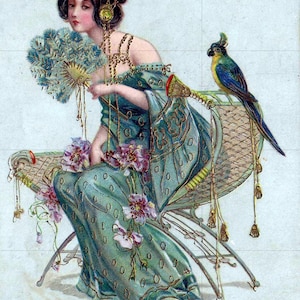 Tile Mural/Mosaic Ceramic Panel of Lady with Parrot - Alphonse Mucha Prints - Vintage Art Nouveau Wall Art - Woman Art Nouveau Tile Mosaic
