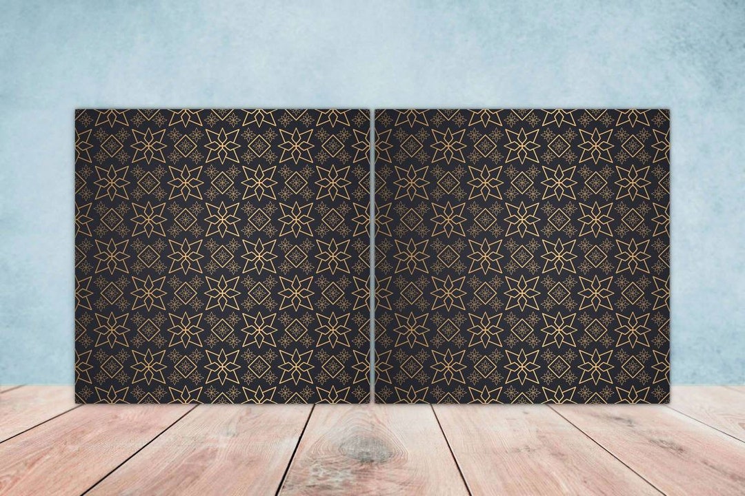 Black and Gold Tile Set of 2 Black and Gold Wall Decor Flower Tiles Kitchen Backsplash Tiles ...