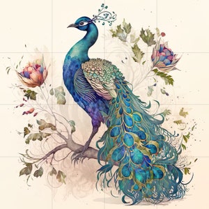 Tile Mural/Mosaic Ceramic Panel of Peacock Bird Wall Art Home Decor Peacock Mural Gloss Tiles Peacock Tile Mosaic Bird Print image 1