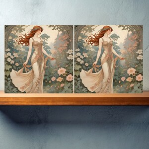 Art Nouveau Woman set of 2 Ceramic tiles,Ceramic Decor Tiles,Kitchen Backsplash Tiles, Bathroom Tiles, Botanical wall art, Art Nouveau print