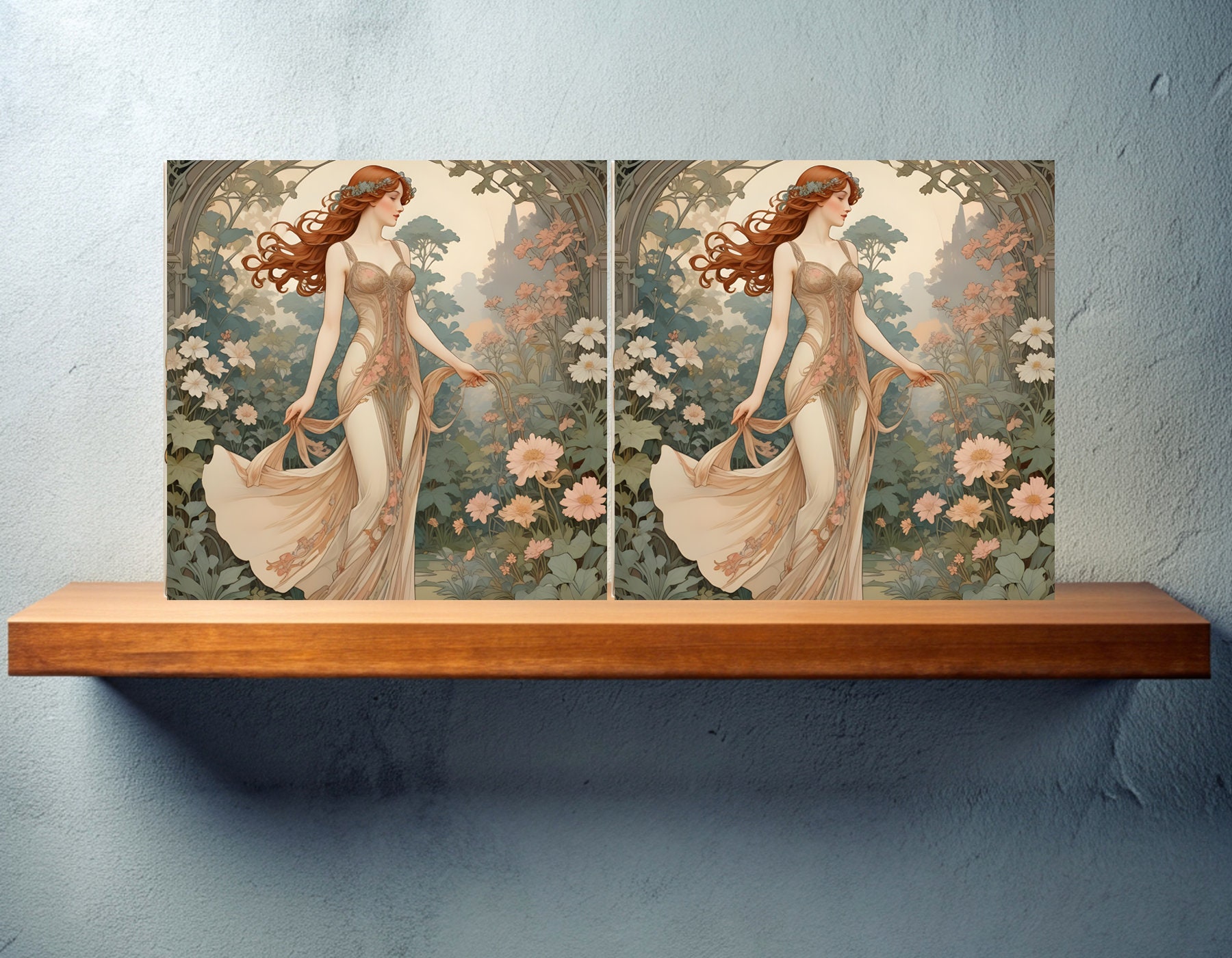 Jugendstil Frau 2er Set Keramikfliesen, Keramikdekorfliesen, Küchenrückwandfliesen, Badezimmerfliesen, botanische Wandkunst, Jugendstildruck