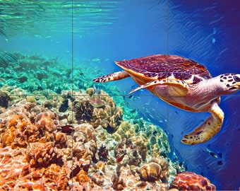 ウミガメのモザイクタイル壁画：海の壁アートバックスプラッシュ