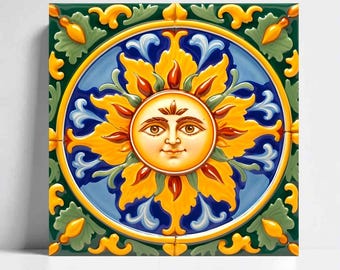 Italian Majolica Sun Tiles: Mediterranean Ceramic Wall Decor, Set of 2