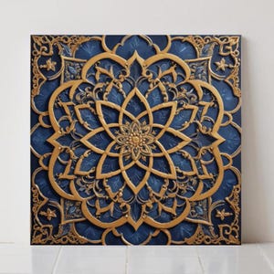 May include: A square piece of wall art with a gold floral design on a dark blue background. The artwork has a raised, three-dimensional effect, with intricate patterns and a decorative border. The piece is likely made of wood or a similar material.