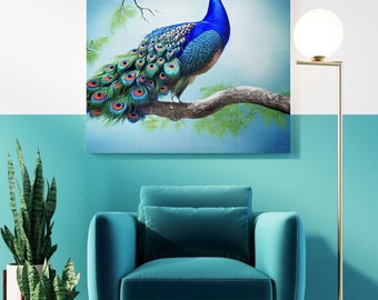 Peacock Tile Mural: Glossy Ceramic Bird Wall Art