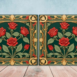 Art Nouveau Flower Ceramic tiles - Set of 2 Art Nouveau Wall Decor Tiles - Kitchen Backsplash Tiles, Table Decorative Tiles, Bathroom Tiles
