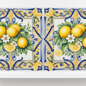 Italian Majolica Lemon Fruit Tiles - Set of 2 Mediterranean Wall Art Decor-Kitchen Backsplash,Bathroom,Shower Wall,Fireplace,Sink Splashback