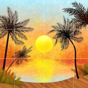 Tile Mural/Mosaic Ceramic Panel of Palm Trees - Sunset Mural - Ocean Waves Wall Mural - Tropical Tile Mural Art - Home Decor - Tile Mosaic