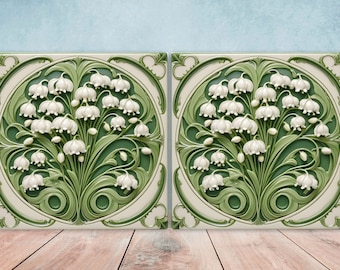 Carreaux de céramique Art nouveau avec fleurs - Lot de 2 carreaux de décoration murale Art nouveau - Carrelage pour dosseret de cuisine, Carrelage décoratif pour table, Carrelage pour salle de bain