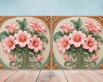 May include: Two decorative wall plaques with a raised design of pink hibiscus flowers and green leaves in a gold frame.