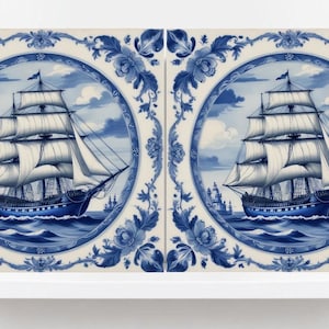 Delft Blue Ceramic Tile - Set of 2 Ceramic Delftware Tiles-Delft Tile with Ship - Delft Prints- Kitchen Backsplash,Sink,Bathroom,Shower Wall