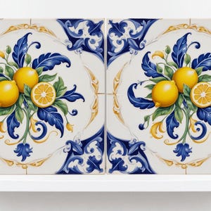 Italian Majolica Lemon Tiles - Set of 2 Mediterranean Wall Decor Tiles -Kitchen Backsplash, Table Decorative,Bathroom, Shower Wall,Fireplace