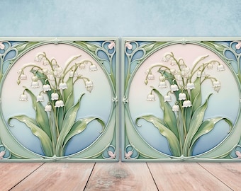 Keramische art nouveau-bloemtegels - set van 2 art nouveau-muurdecoratietegels - keukenachterwandtegels, tafeldecoratieve tegels, badkamertegels