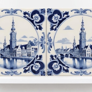 Delftsblauwe tegel - set van 2 keramische Delfts blauw keramische tegels Amsterdam - Nederlandse tegels - Delftse prenten - Achterkant keuken, spatwand gootsteen, badkamer, douche