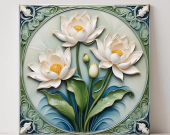 Azulejos de cerâmica com flor de lótus Art Nouveau - Conjunto de 2 azulejos decorativos de parede