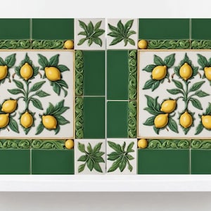 Italian Majolica Lemon Tiles - Set of 2 Mediterranean Wall Decor Tiles -Kitchen Backsplash,Bathroom,Shower Wall,Fireplace, Sink Splashback