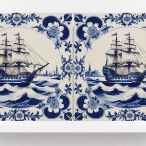 Delft Blue Ceramic Tile - Set of 2 Ceramic Delftware Tiles-Delft Tile with Ship - Delft Prints- Kitchen Backsplash,Sink,Bathroom,Shower Wall