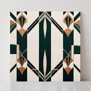 May include: A square tile with an Art Deco design. The tile features a geometric pattern in dark green, white, black, and gold. The symmetrical design includes stylized leaf shapes and diagonal lines, creating a visually striking piece.