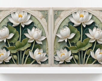 Azulejos de cerâmica Art Nouveau com flor de lótus - Conjunto de 2