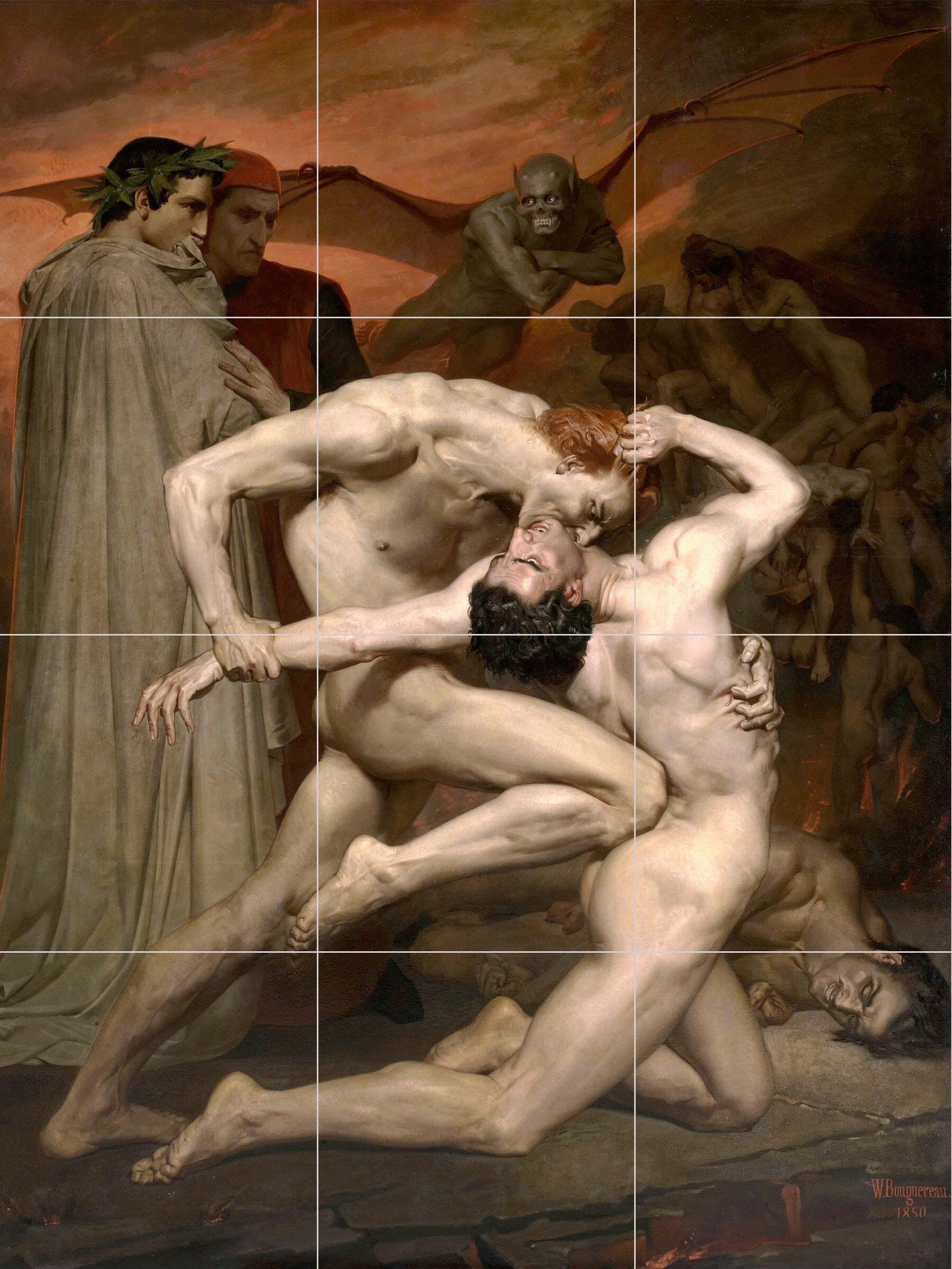 Tile Mural/Mosaic Ceramic Panel of William Bouguereau Dante and Virgil in Hell - Bouguereau wall print -Tile Mural -Gloss Tiles-Tile Mosaic