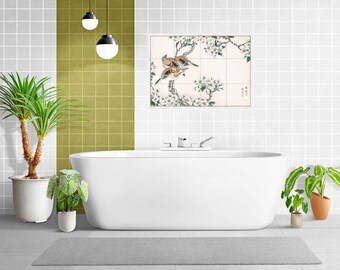 Japanese Meadow Bunting Tile Mural: Kashu Bird & Pear Flower Mosaic