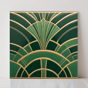 Azulejo cerámico Art Déco verde: Decoración geométrica de pared, estilo retro, para cocina o baño.