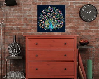 Peacock and Flowers Tile Mural: Colorful Gloss Ceramic Panel