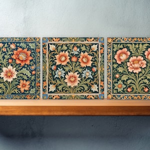 William Morris style Set of 3 Ceramic tiles,Art Nouveau Tiles, Botanical Tiles, Floral wall art, FlowerTiles,William Morris print,Backsplash