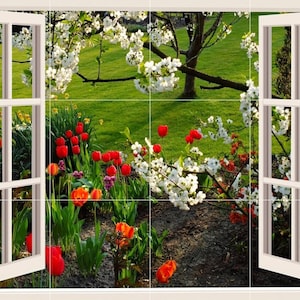 Tile Mural/Mosaic Ceramic Panel of Flowers - Window Mural - Floral Window Wall Art - Flower Tile Mural - Gloss Tiles - Garden Tile Mosaic