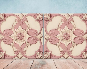 May include: Two square ceramic tiles featuring a pink and cream floral design. The tiles have a raised, embossed pattern.