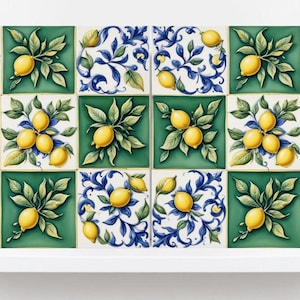 Italian Majolica Lemon Tiles - Set of 2 Mediterranean Wall Decor Tiles -Kitchen Backsplash,Bathroom,Shower Wall,Fireplace, Sink Splashback