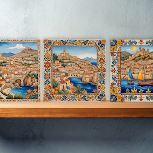 Sicilian Ceramic tiles - Set of 3 Sicilian Wall Decor Tiles - Kitchen Backsplash Tiles, Bathroom Tiles, Sicilian ceramics, Shower tiles