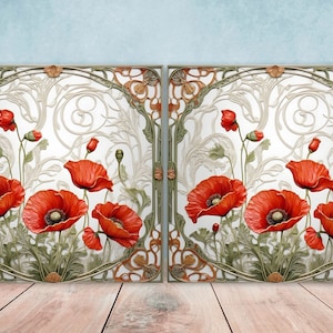 Art Nouveau Poppy Flower Ceramic Tiles - Set of 2 Decorative Wall Tiles