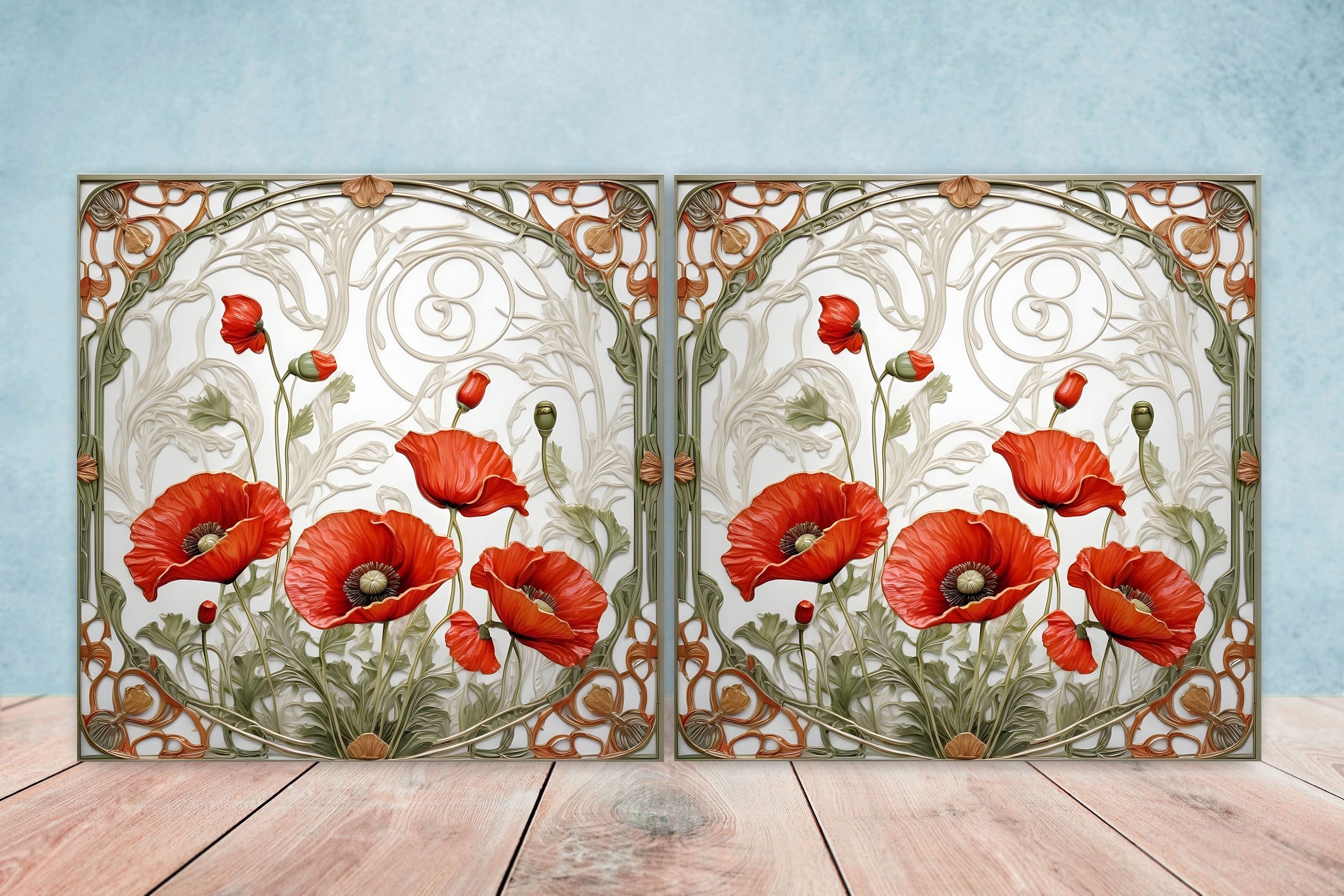 Art Nouveau Flower Poppy Ceramic Floral Tiles-Set of 2 Botanical Wall Decor Tiles Kitchen Backsplash,Bathroom,Shower,Sink Splashback,Coaster