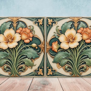 Art Nouveau Flower Ceramic tiles - Set of 2 Art Nouveau Flowers Wall Decor Tiles - Kitchen Backsplash Tiles, Bathroom Tiles