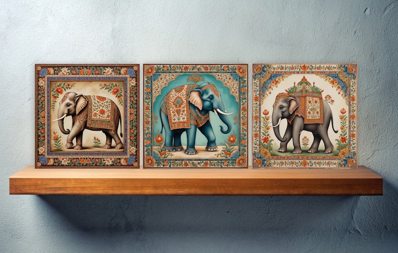 Indian Elephant Ceramic Tile Set: Glossy Wall Art Prints - Etsy