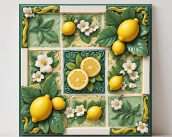 Piastrelle in maiolica italiana color limone di Amalfi: decorazioni per cucina e bagno in stile mediterraneo, decorazioni murali con frutta